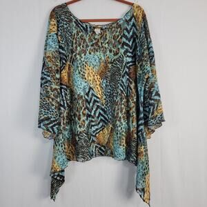 Lyon Sheer Patchwork Animal Print Top sz L/XL asymmetrical hem flare sleeves USA